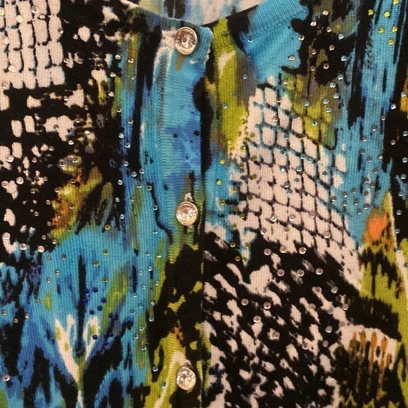 Prima Bella colorful blue and black cardigan with colorful sequin throughout. 2X - Picture 4 of 9